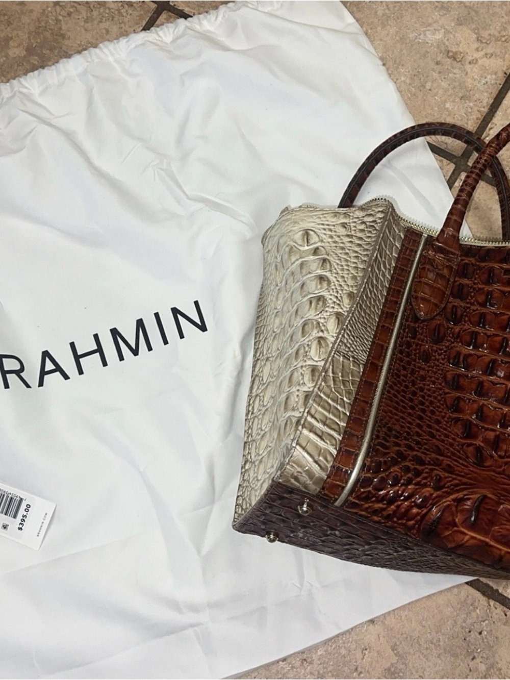Brahmin Two-Tone Croc-Embossed Satchel in Brown & Cream
